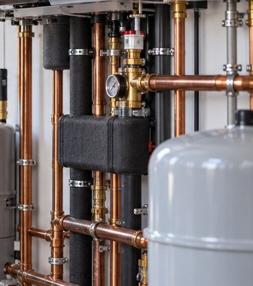 Kupferrohre, Messingarmaturen und Ausdehnungsgefaess einer Heizungsinstallation