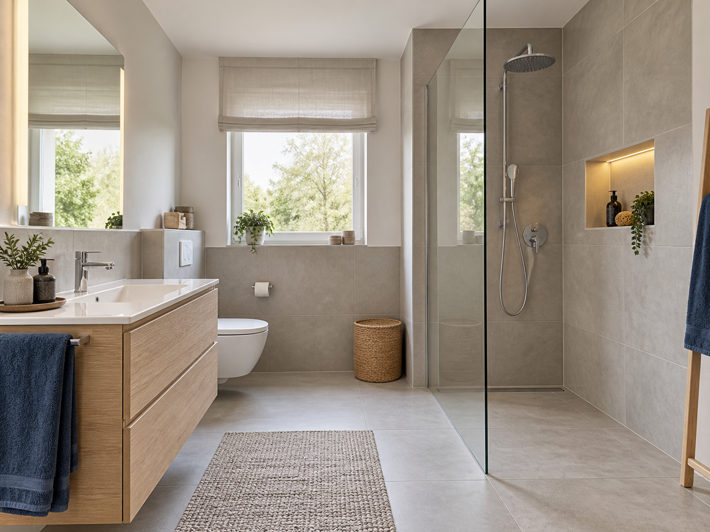Hochwertig gestaltetes Bad mit bodengleicher Dusche
