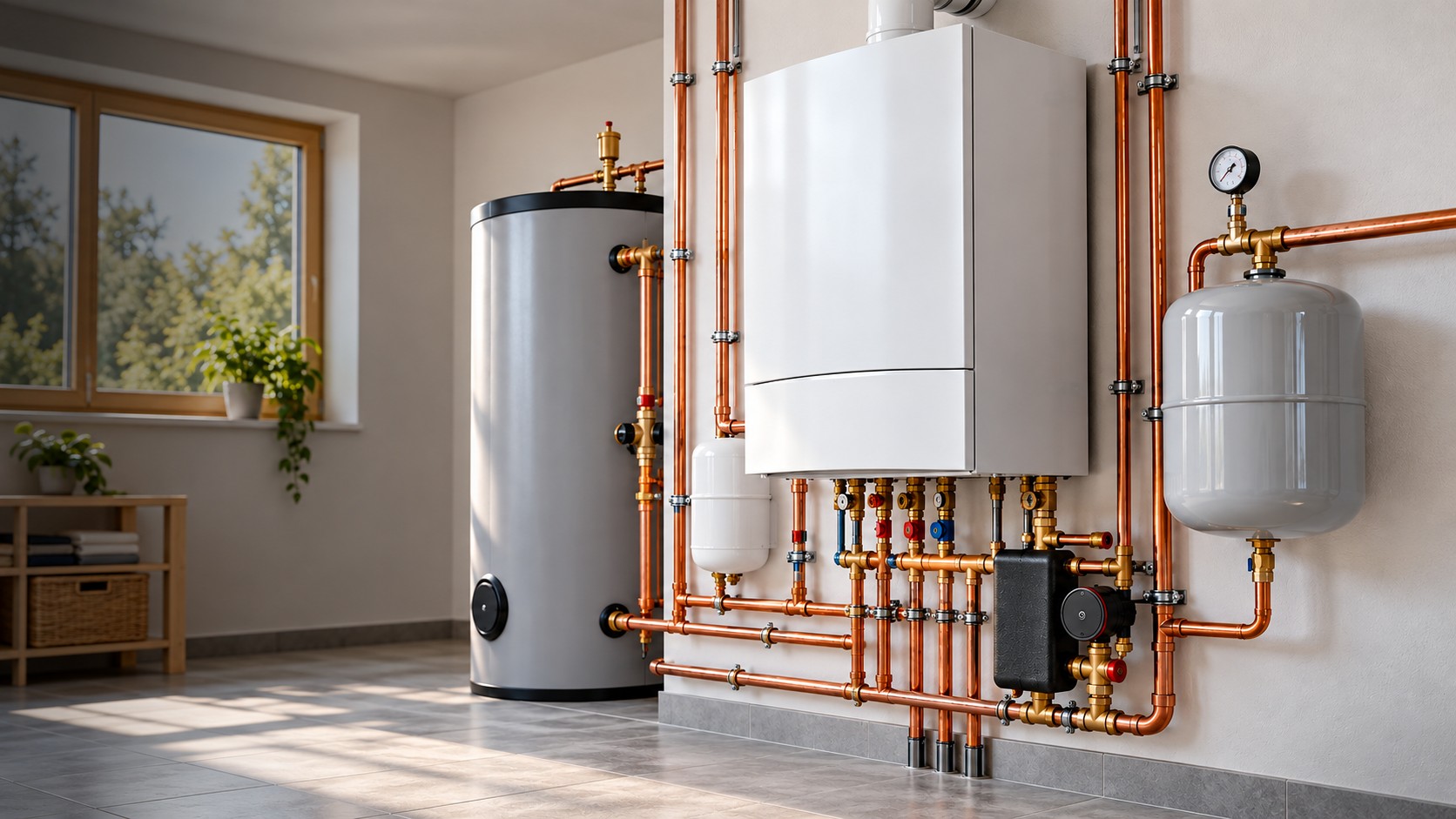 Saubere Heizungsanlage mit Wandgerät, Warmwasserspeicher, Kupferrohren und Armaturen im hellen Technikraum
